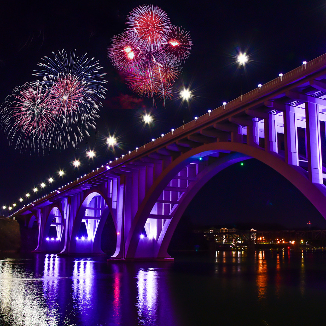 Fireworks above the Gay Street Bridge in Knoxville.
